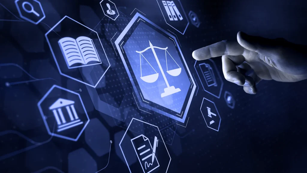 Balança da justiça entre ícones de documentos em uma interface digital